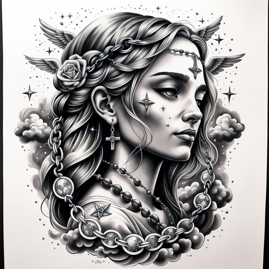 Rosary Tattoo Design with Clouds and Stars in Charcoal