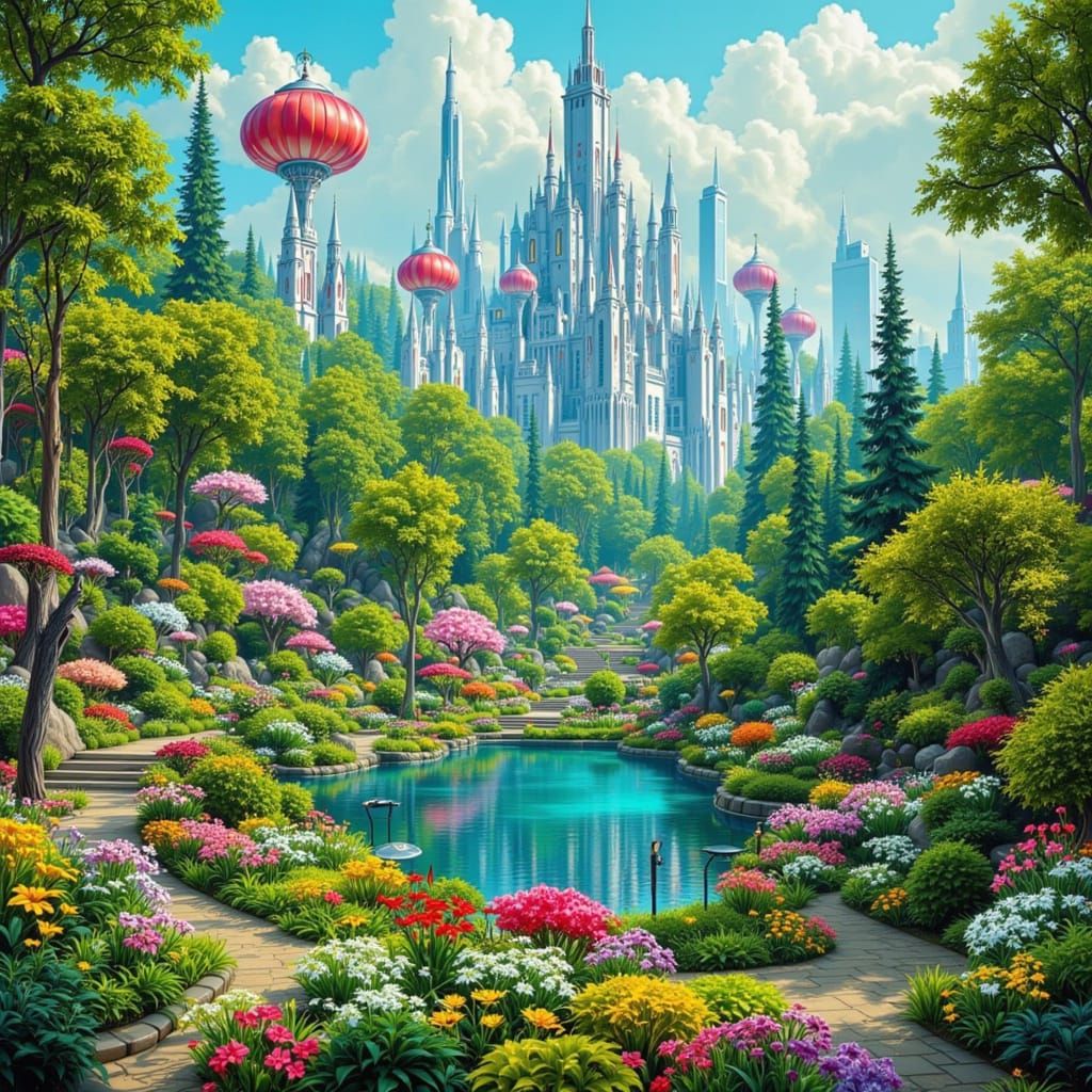 Retro-Futuristic Metropolis Surrounds Vibrant City Park