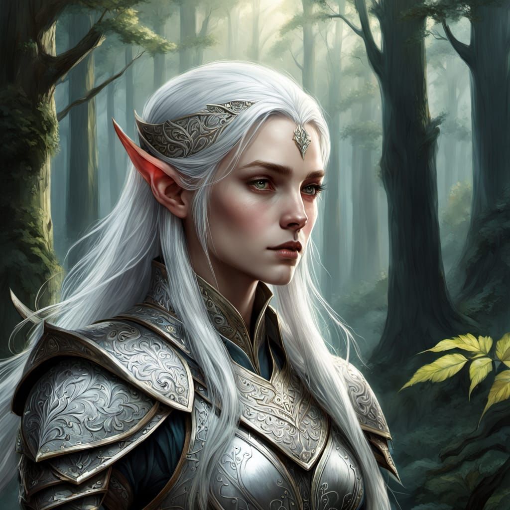 High Elf Warrior in Ornate Armor in Forest Clearing