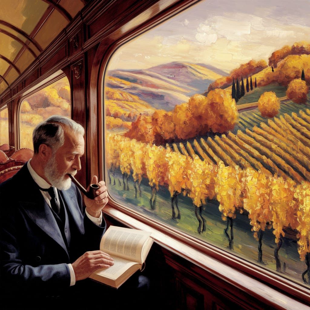 Gentleman Reading on Vintage Train in Impressionist Style