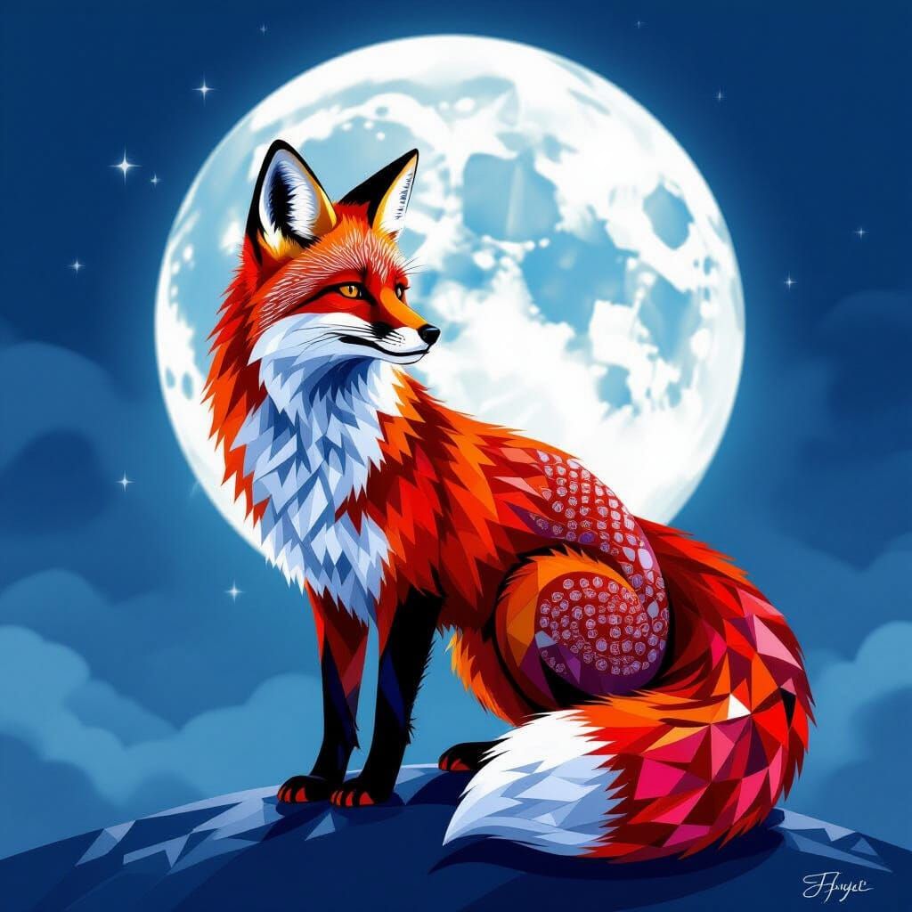 Ruby Fox in Art Deco Style Under Moonlight