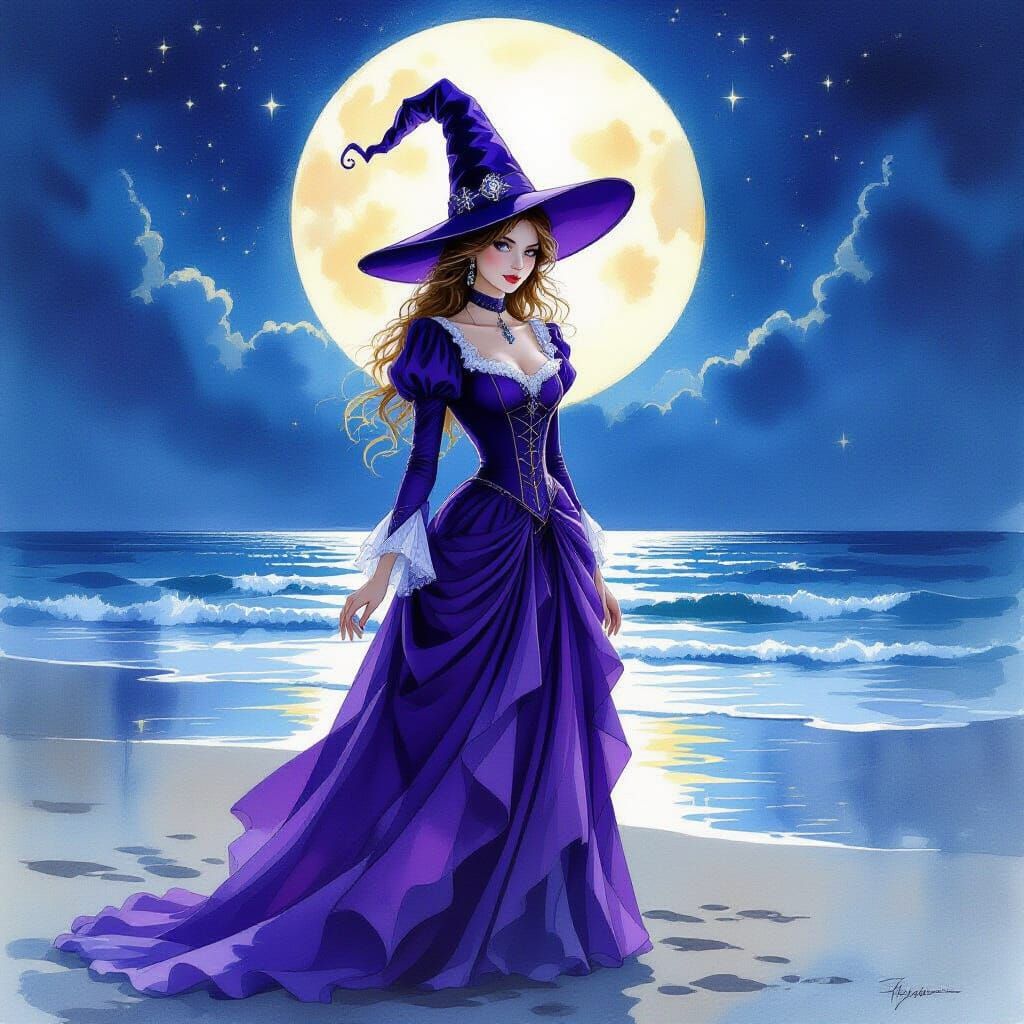 Victorian Witch on Moonlit Beach in Watercolor Style