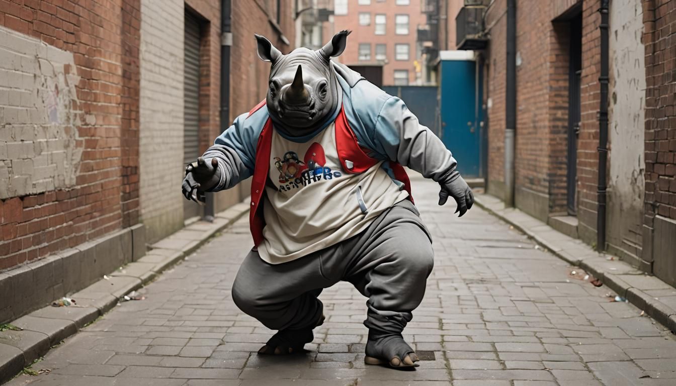 Rhinoceros Breakdancer in 1980s Alleyway