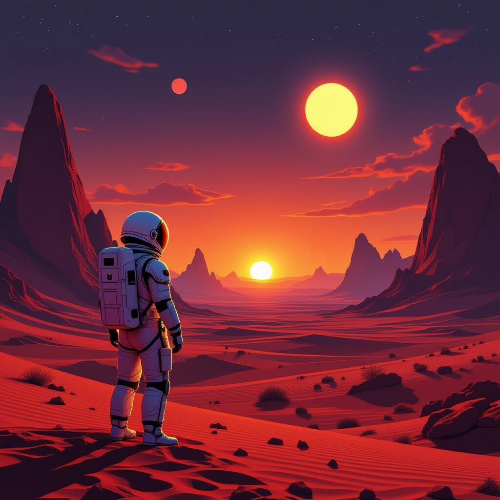 Astronaut on Crimson Planet Views Binary Sunset