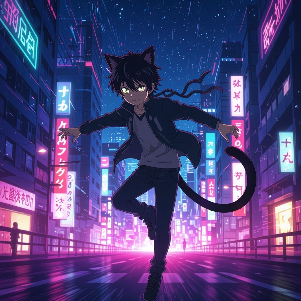 Anime Boy with Cat Ears Leaping in Neon City