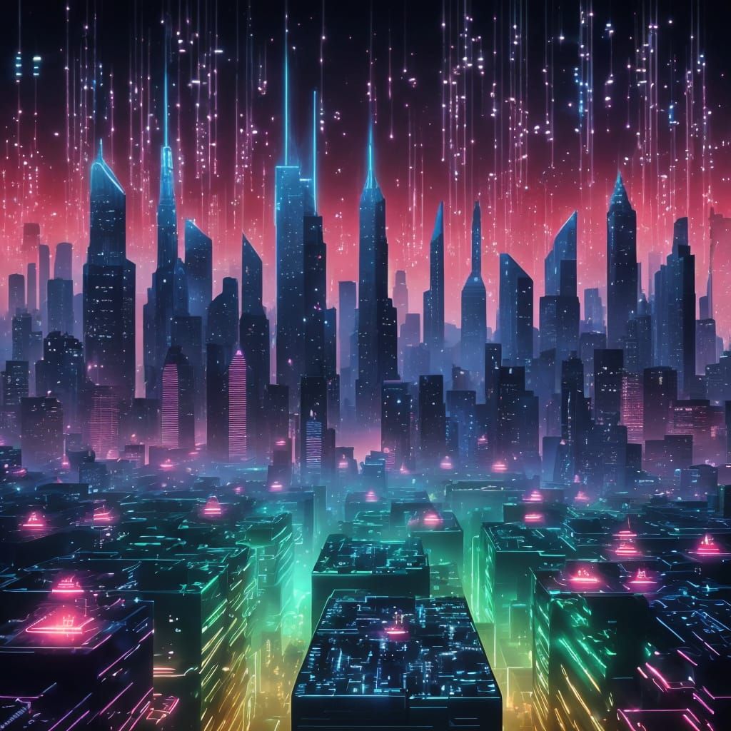 Neon Futuristic City as Binary Code Dream