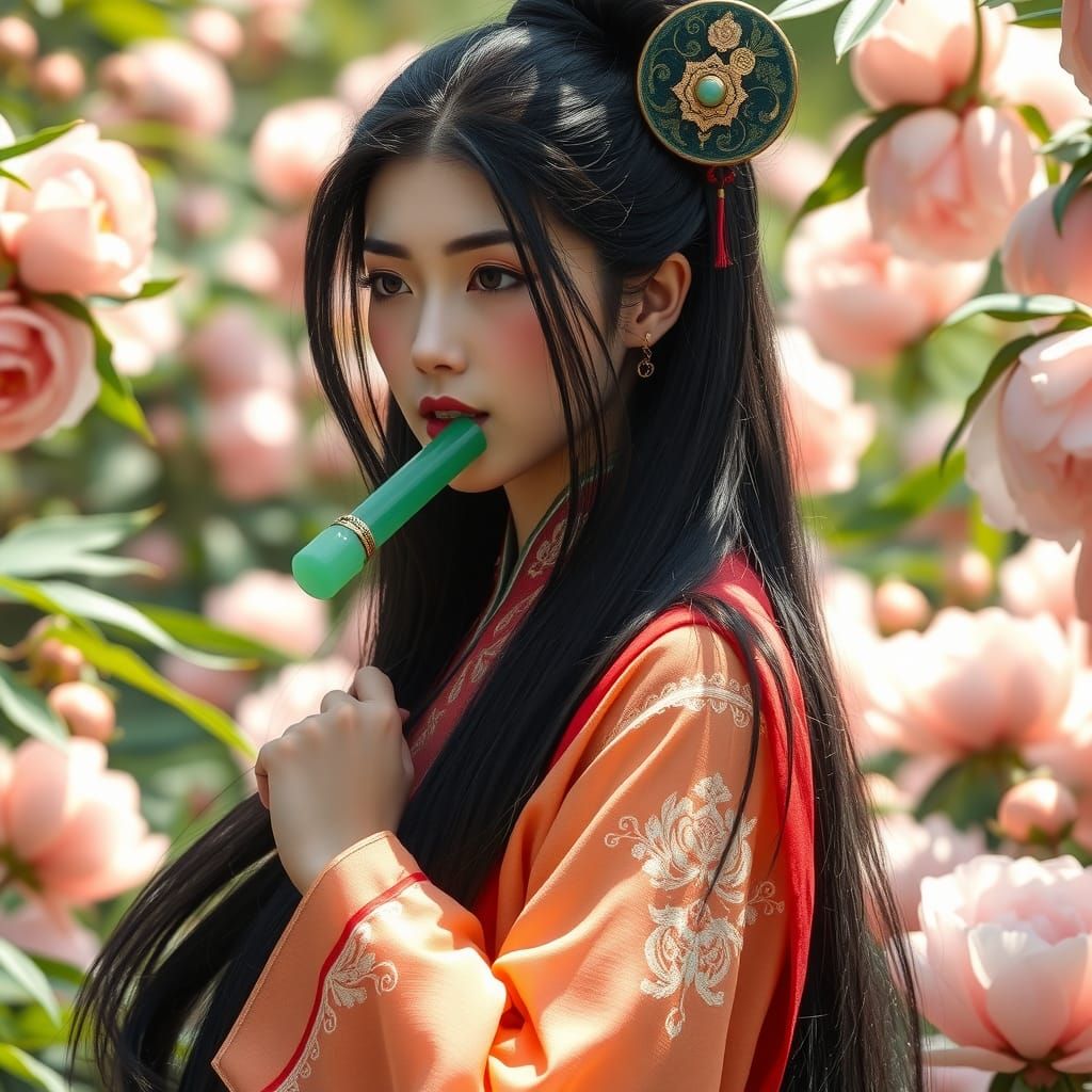Chinese Woman in Peony Garden with Jade Flute