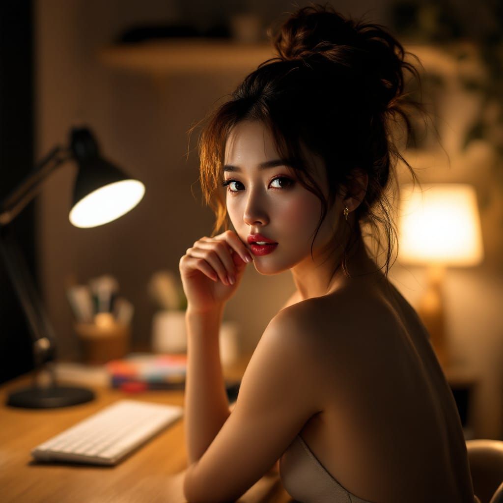 Elegant Japanese Woman at Night in Office