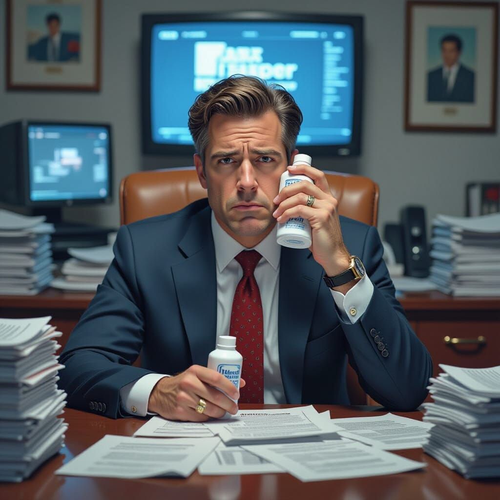 Stressed News Anchor at Desk in Hyperrealistic Style