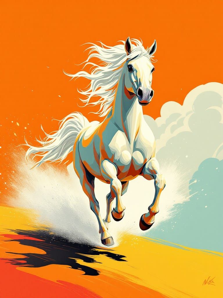 Horse Running Free in Bold 1950s Americana Style