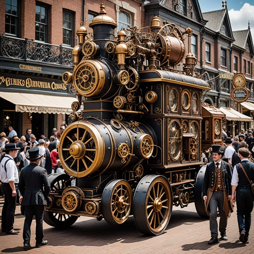 Steampunk Clockwork Carnival Parade in Victorian Town Square