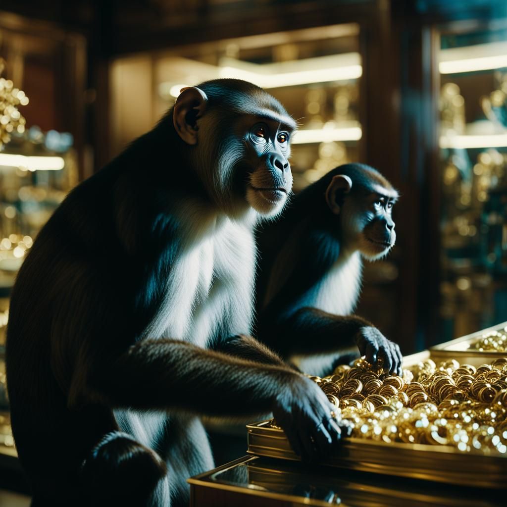 Monkeys Stealing Jewelry in Cinematic Film Still