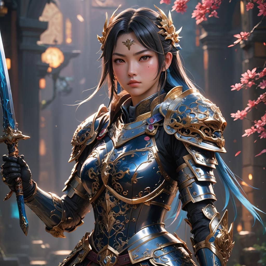 Armored Woman with Sword in Anime Style