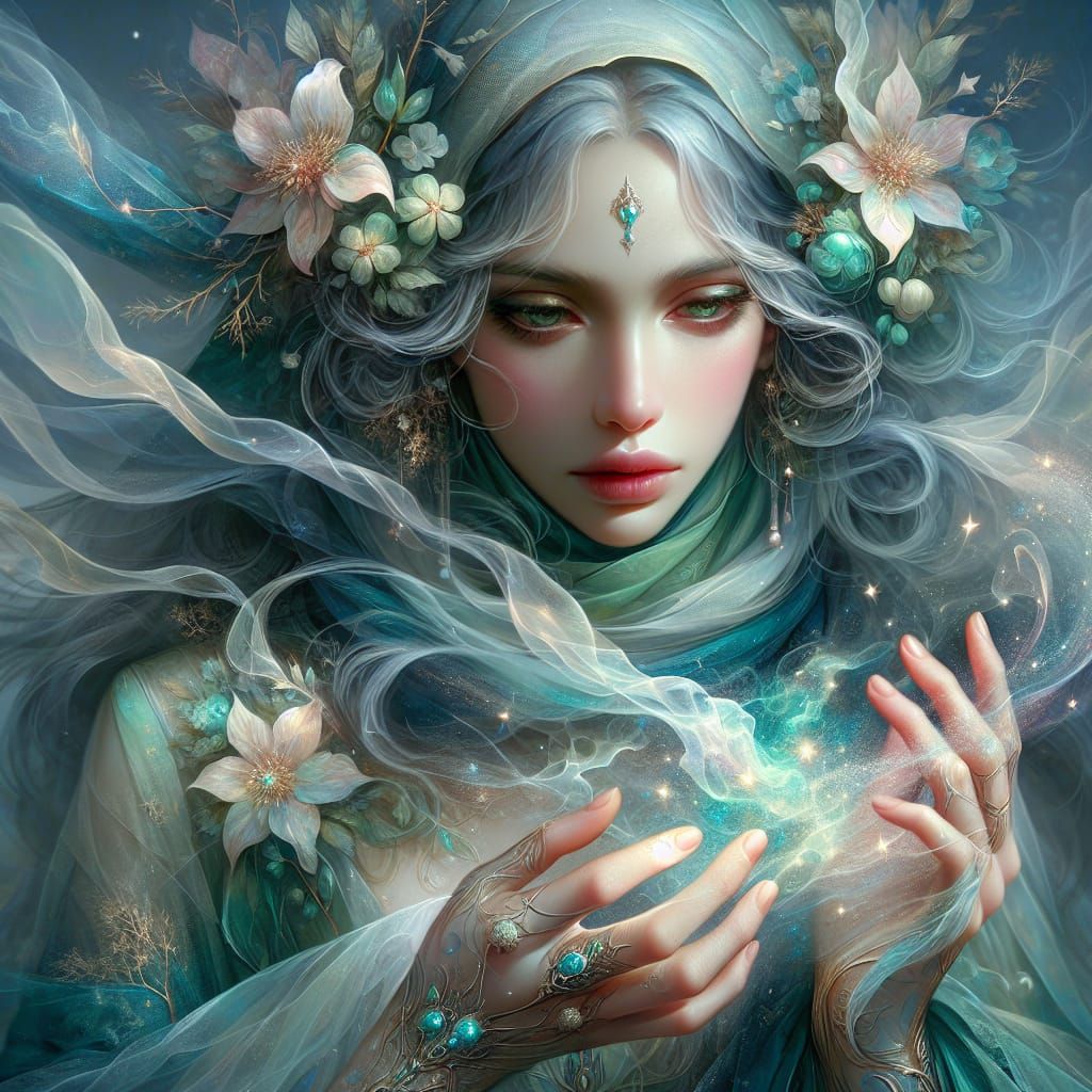 Mystical Character Gazing at Swirling Stars