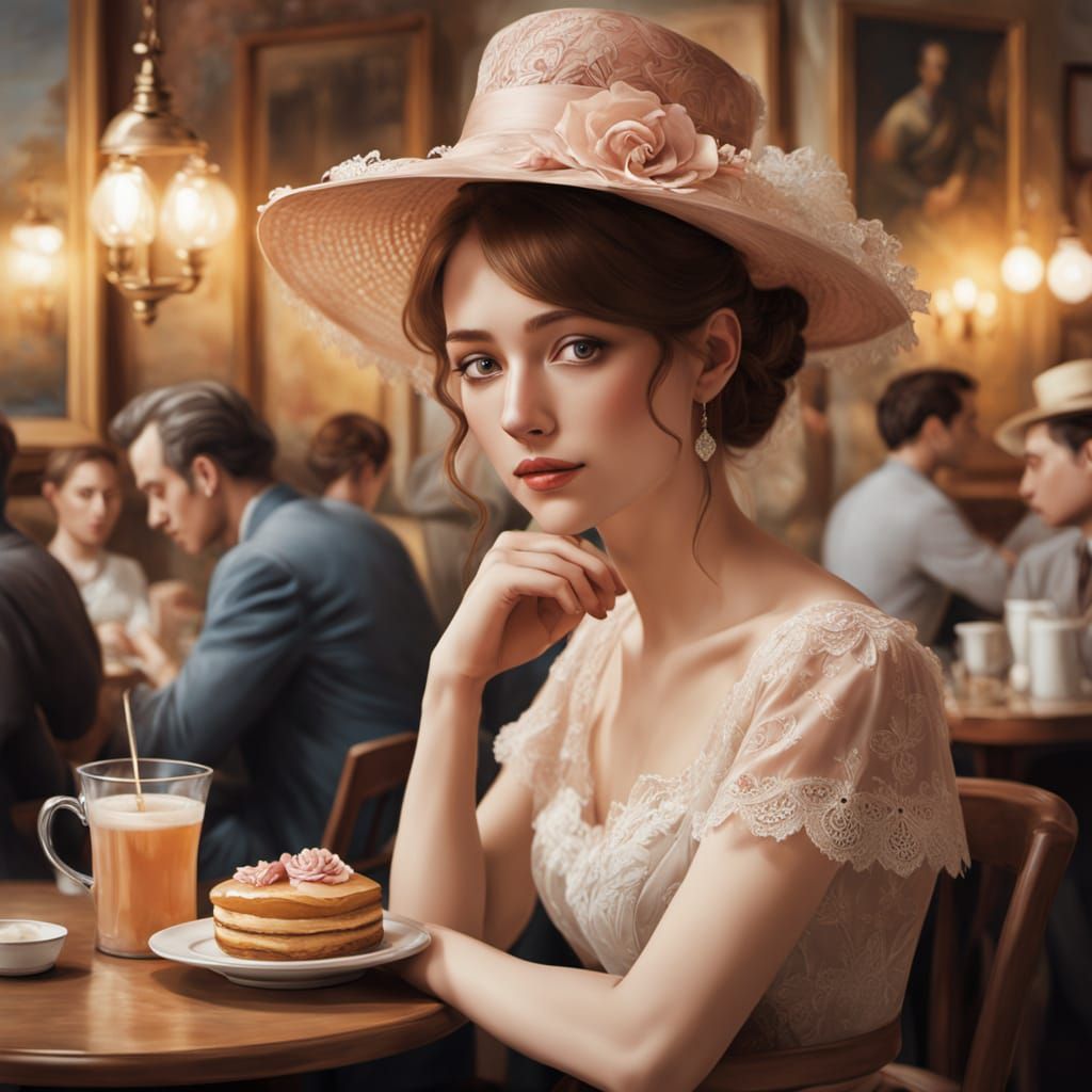 Oil Painting of Woman in Bustling Cafe