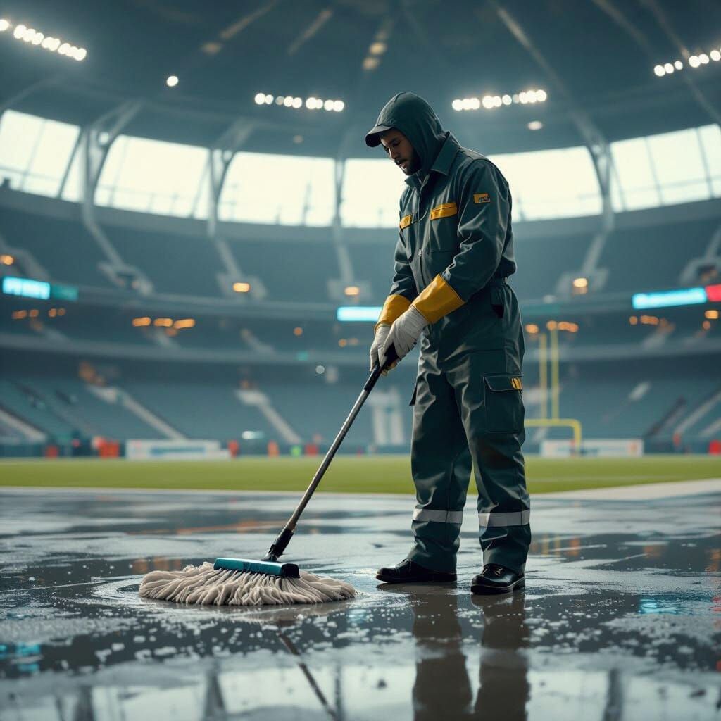 Janitor Mops Football Stadium in Futuristic Industrial Style