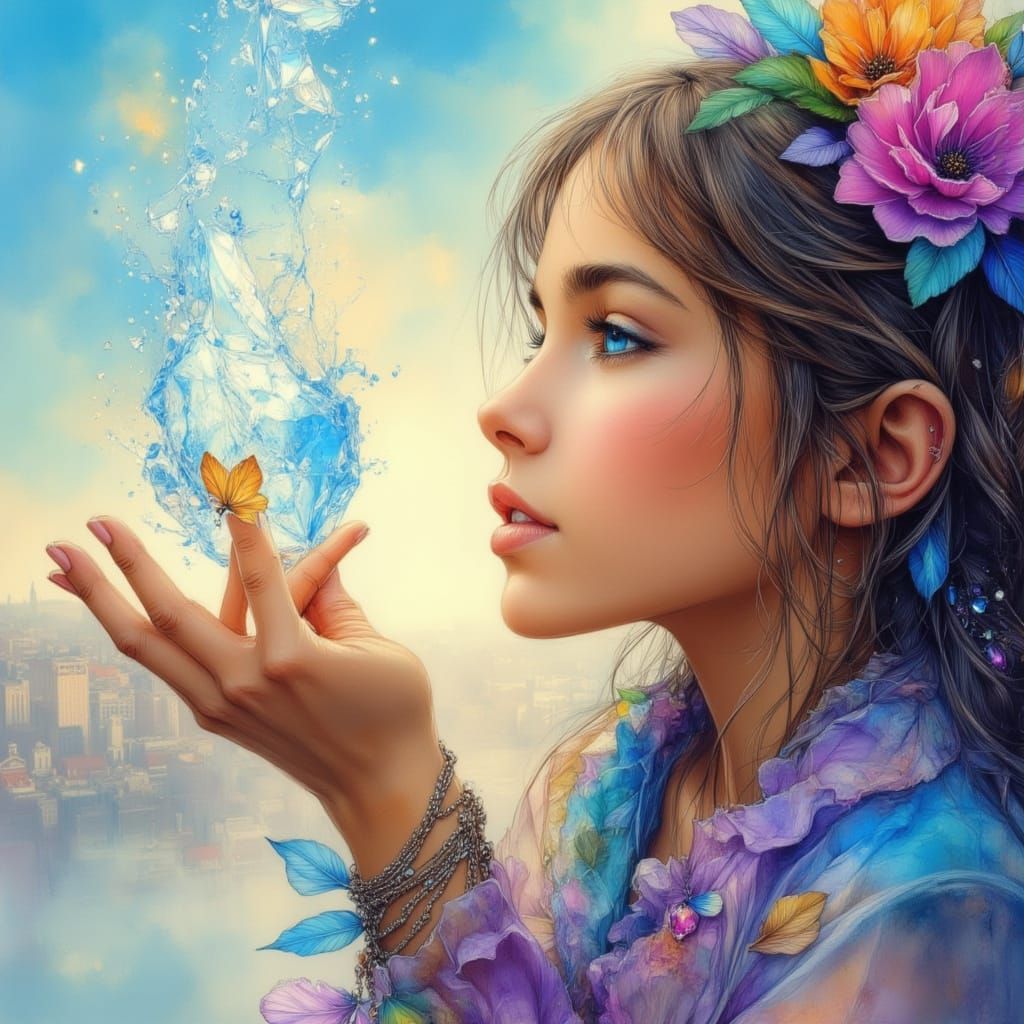 Child Reaching for Crystalline Data Shard in Sky City