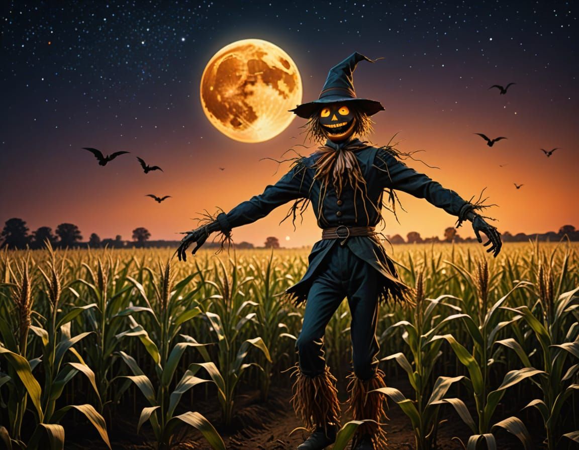 Burtonesque Scarecrow Dancing in Maize Field