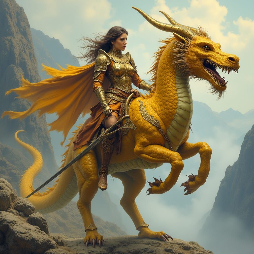 Epic Fantasy Warrior Rides Golden Dragon in Dynamic Landscap...