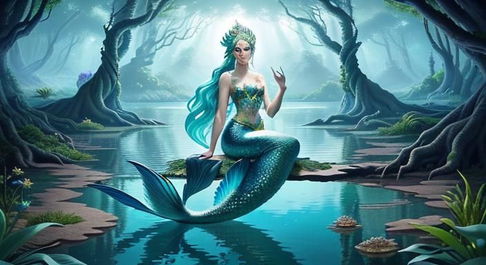 Porcelain Mermaid Goddess in Tropical Mountain Lake
