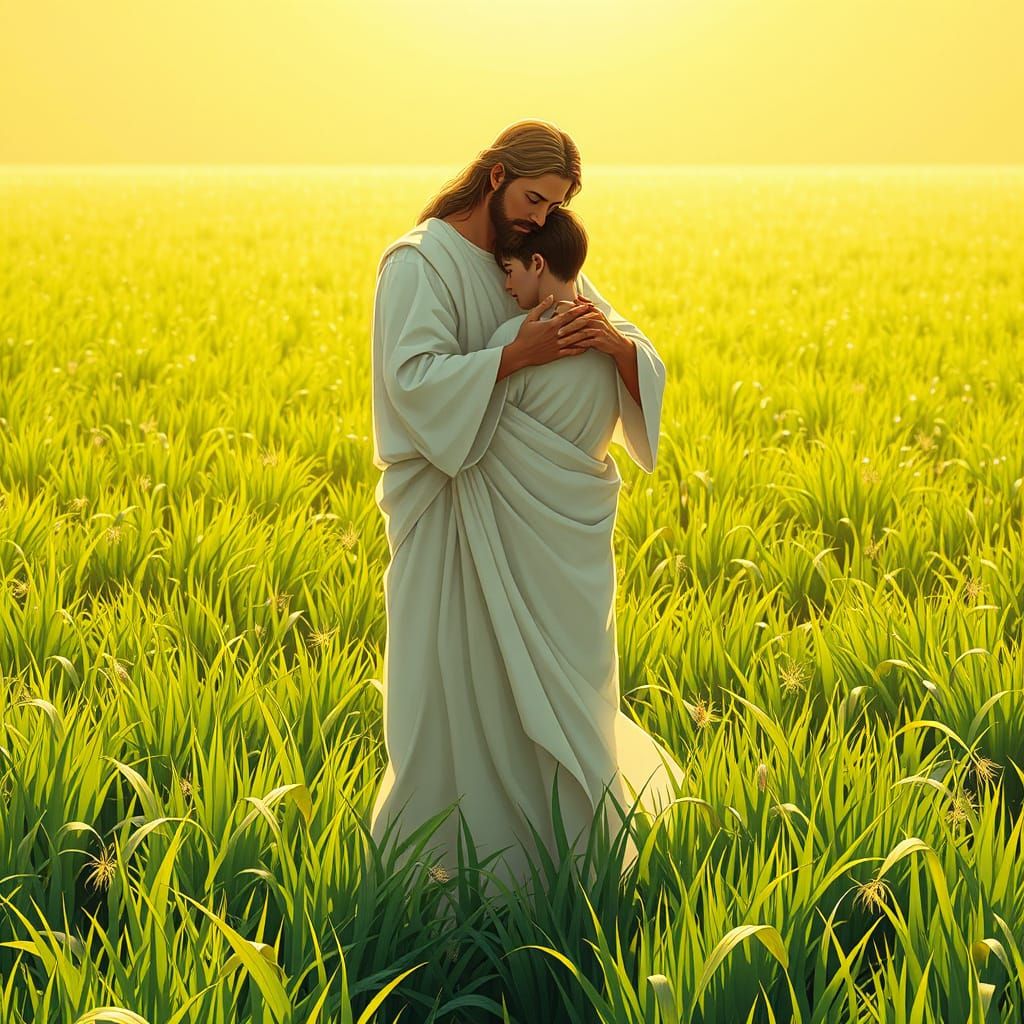 Jesus Embracing a Young Man in a Serene Meadown