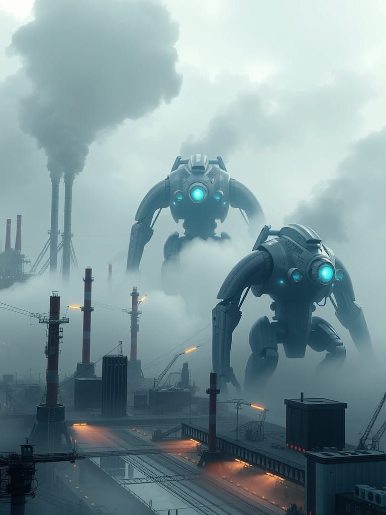 Cyberpunk Cityscape Unveils Mysterious Blue-Glowing Mechs Am...