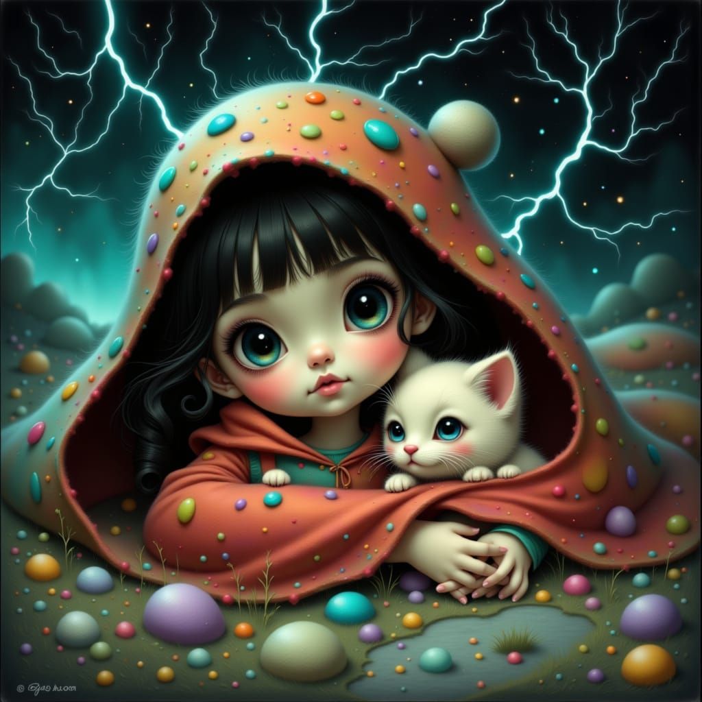 Girl and Kitten Peek Out During Thunderstorm, Whimsical Art