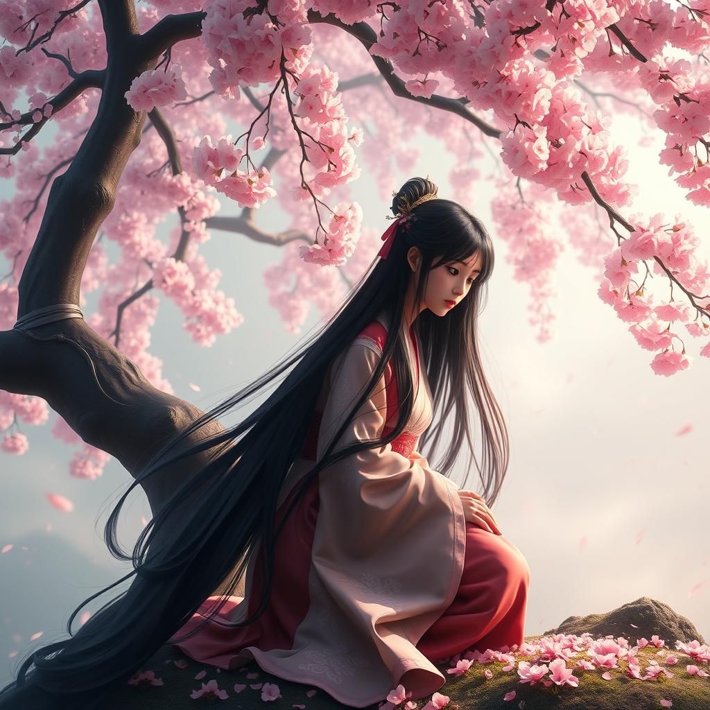 Asian Girl Under Cherry Blossom Tree, Fantasy Art