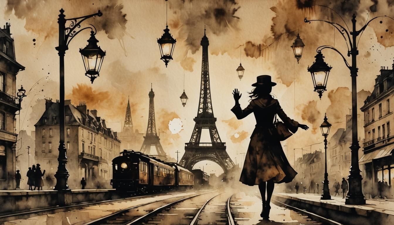 Girl Waving at Train in Steampunk Ink Art