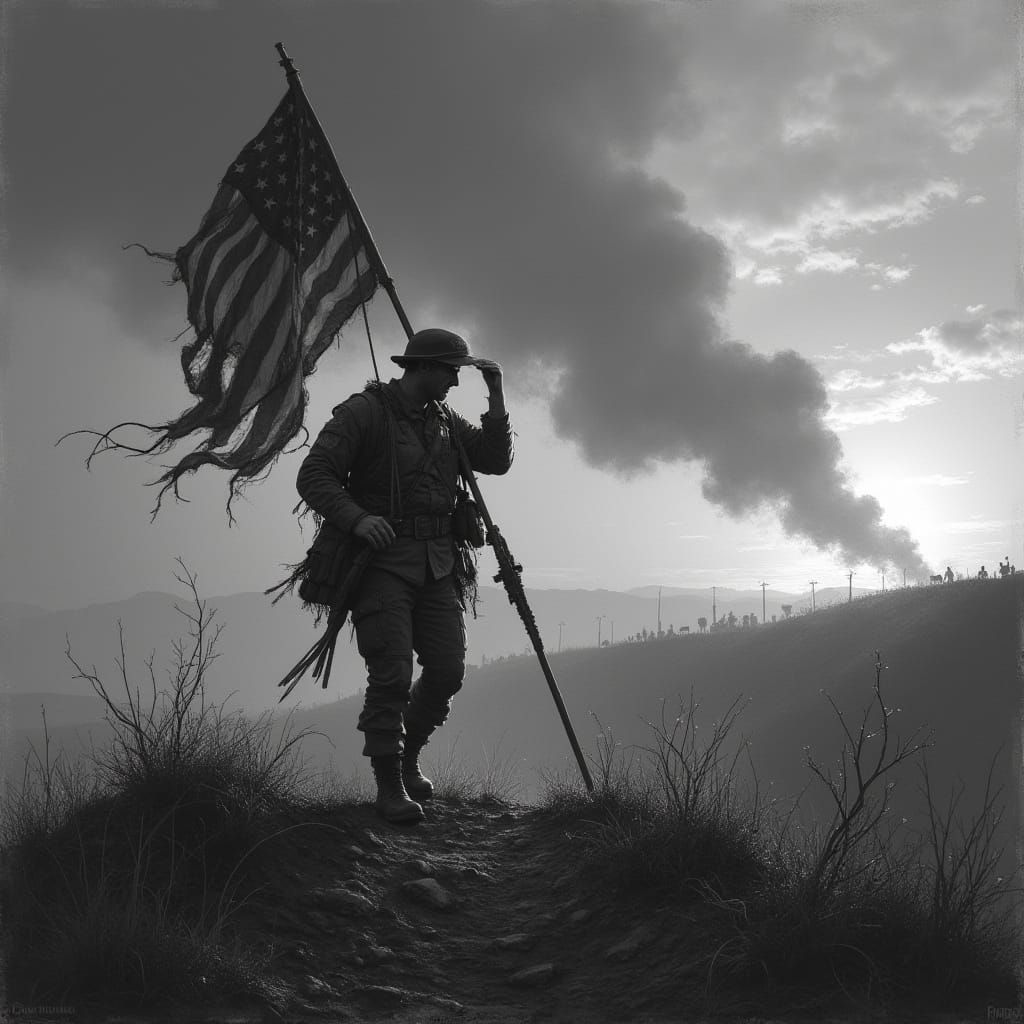 Wounded Sergeant Salutes Flag on Smoky Battlefield