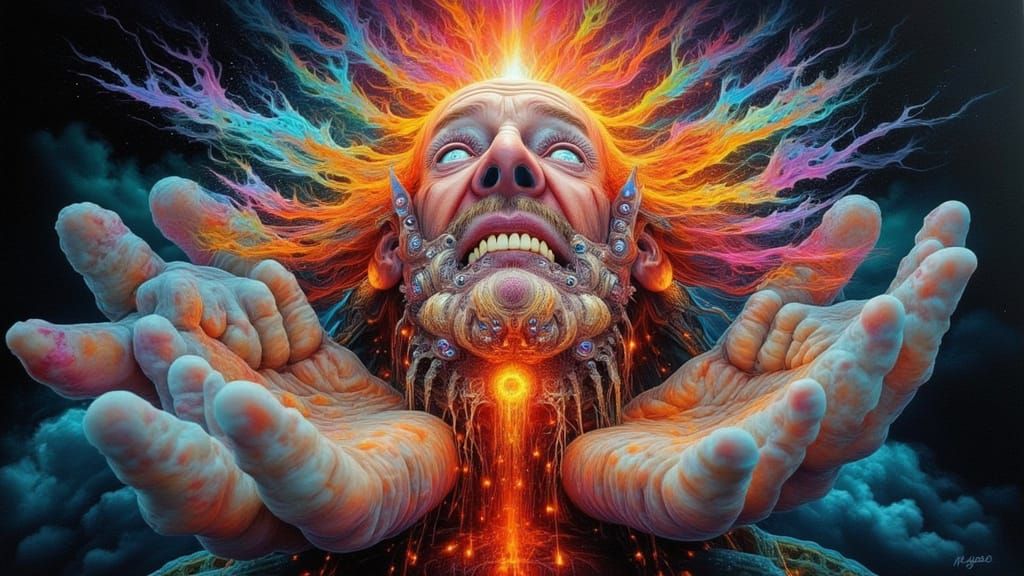 Fractal Faced Man Emerging from Star, Surreal X-Ray Art