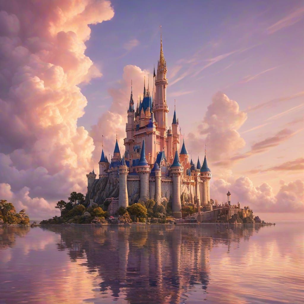 Majestic Disney Castle Floating in Sunset Clouds