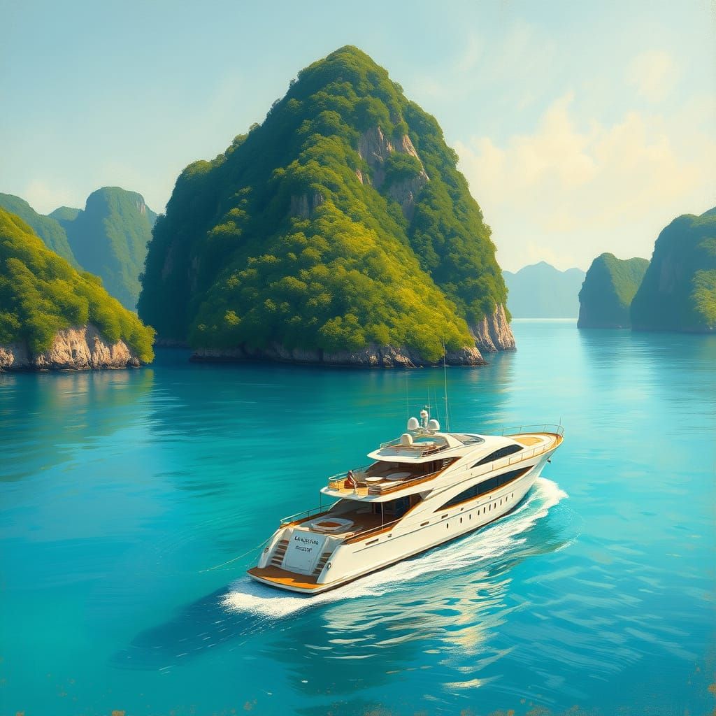 Luxurious Yacht in Impressionist Style on Turquoise Sea