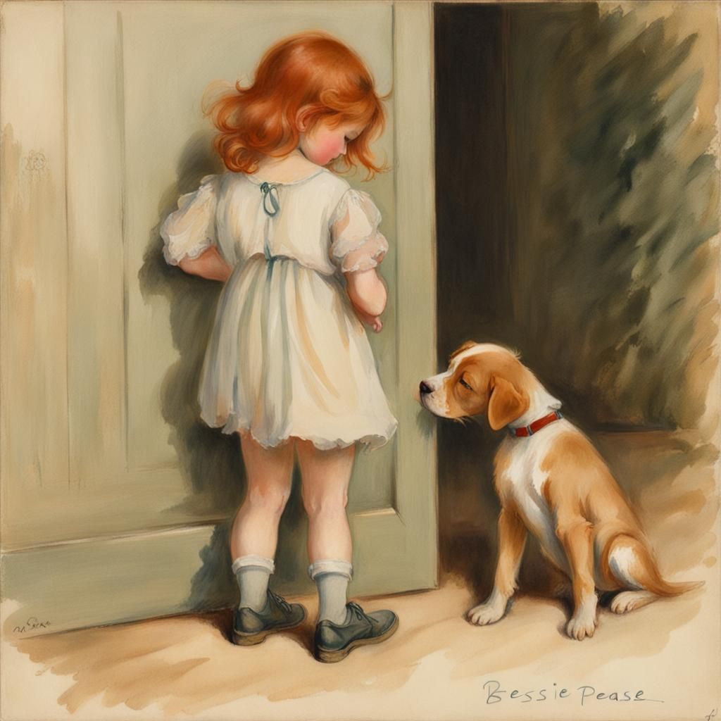 Redheaded Girl and Puppy in Vintage Style