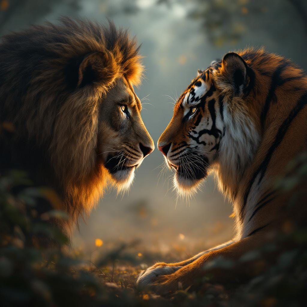 Lion and Tiger Face Off in Misty Jungle Dawn
