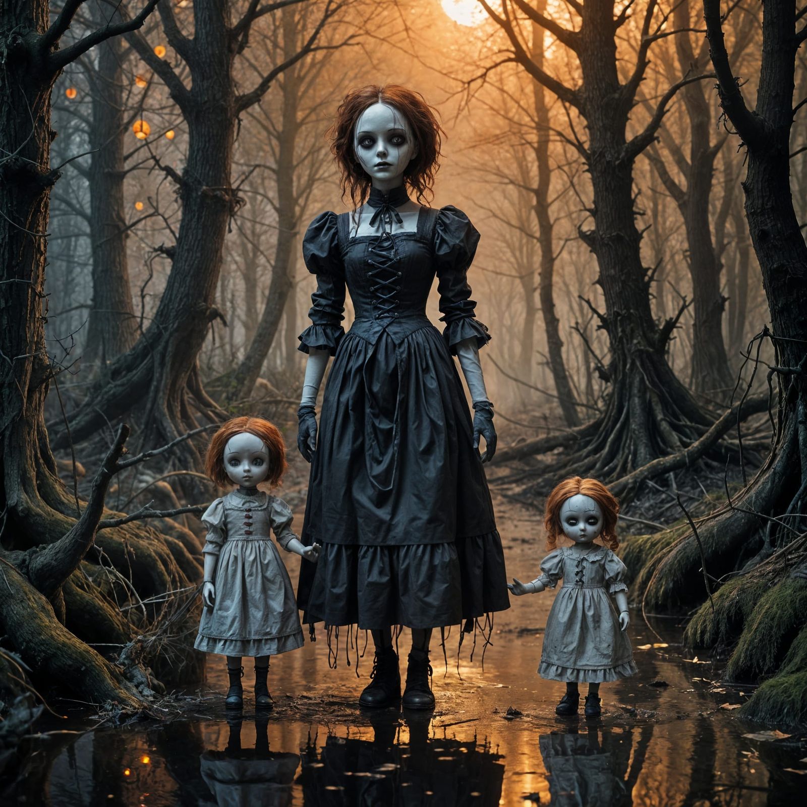 Gaunt Rag Doll Leads Through Dark Forest: Gothic Horror Art
