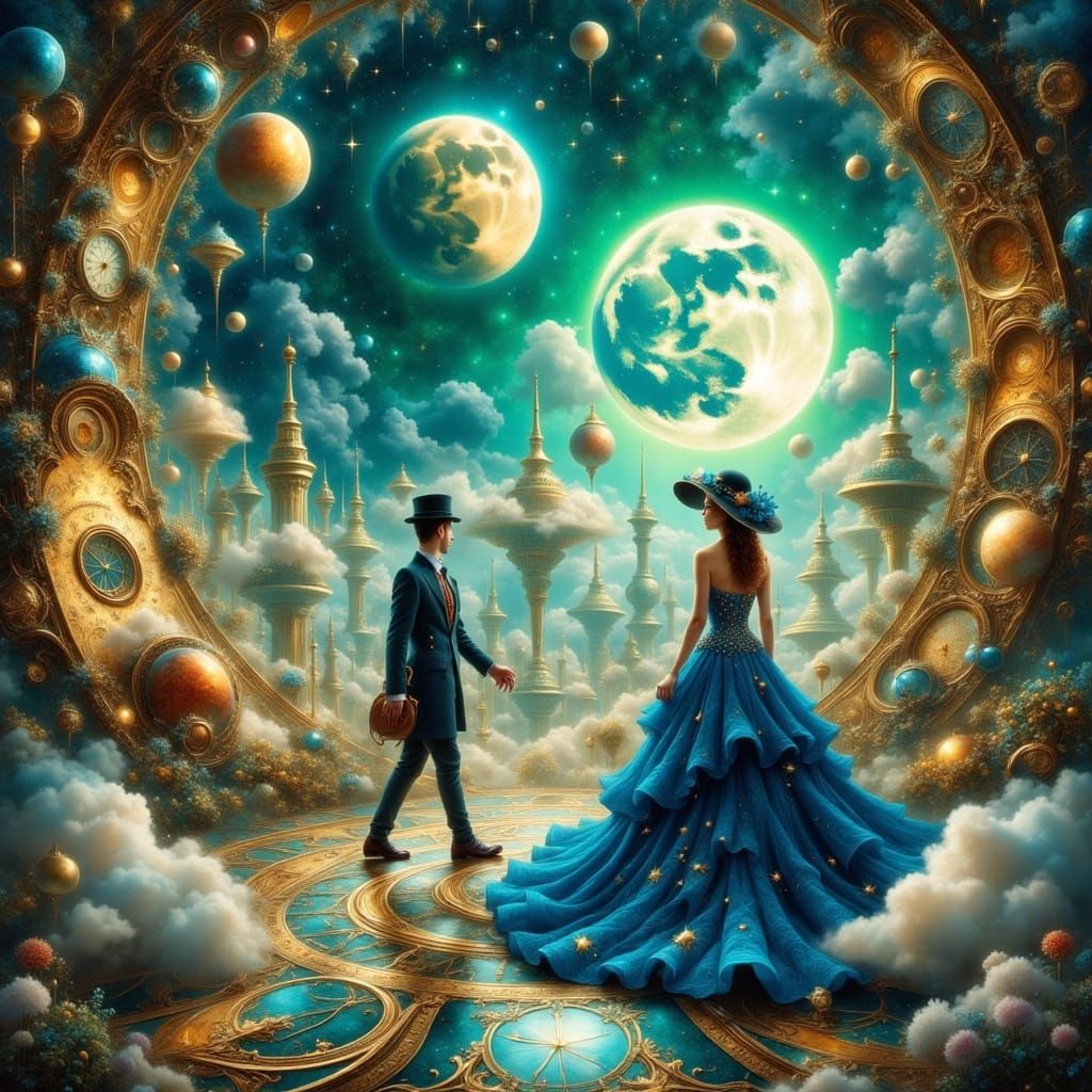 Steampunk Couple Strolling on Fractal Clockwork