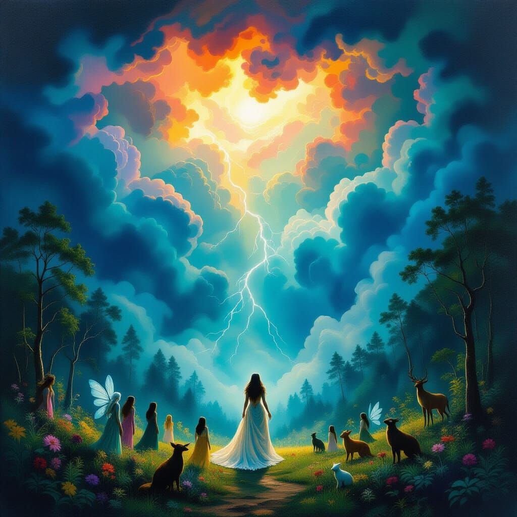 Goddess and Mythical Creatures in Surreal Thunderstorm