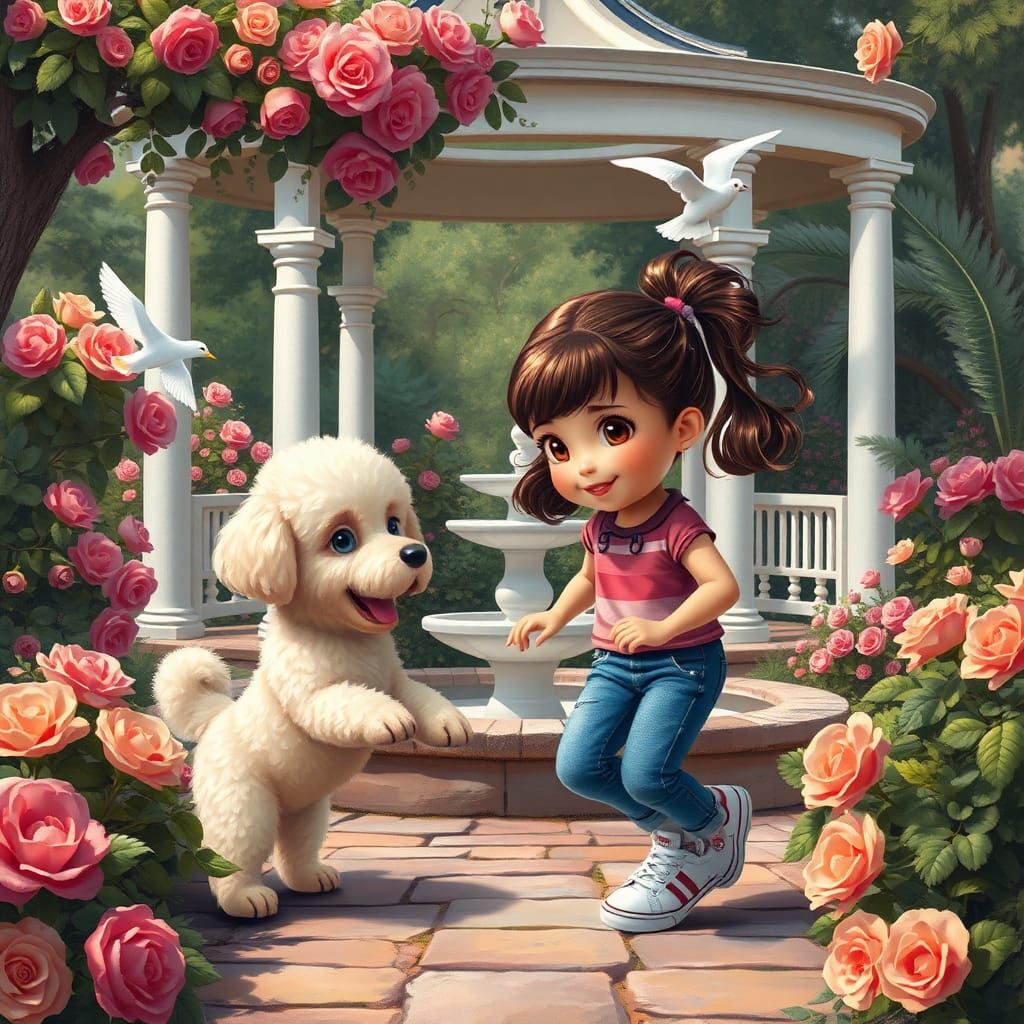 Chibi Girl Plays with Puppy in Rose Garden