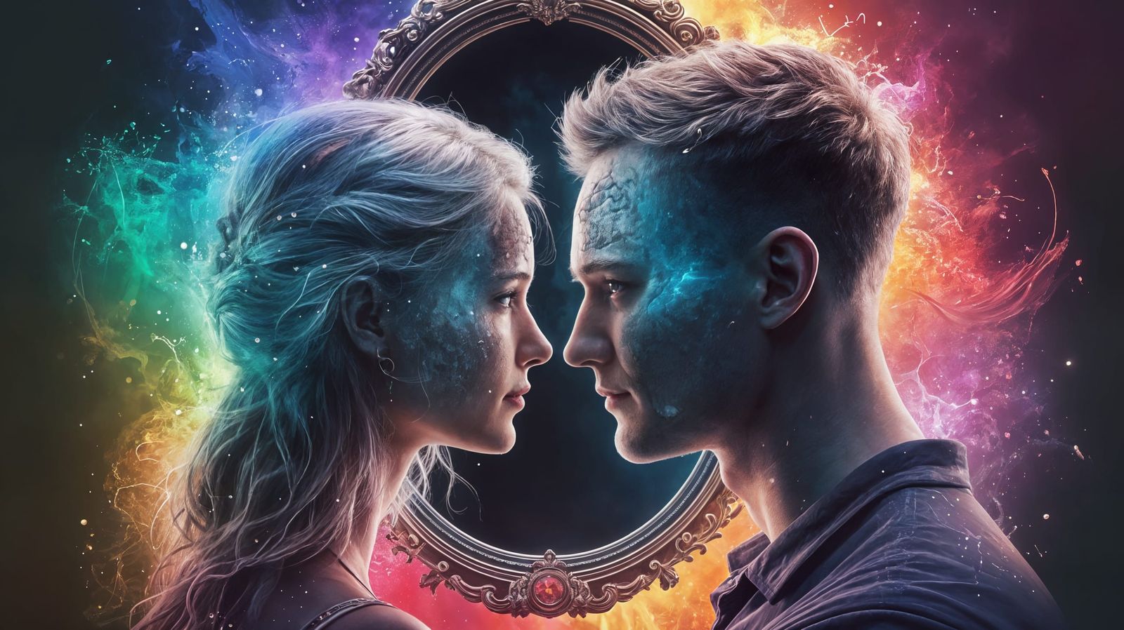 Ethereal Couple Gaze into Mystical Mirror in Hyper-Realistic...
