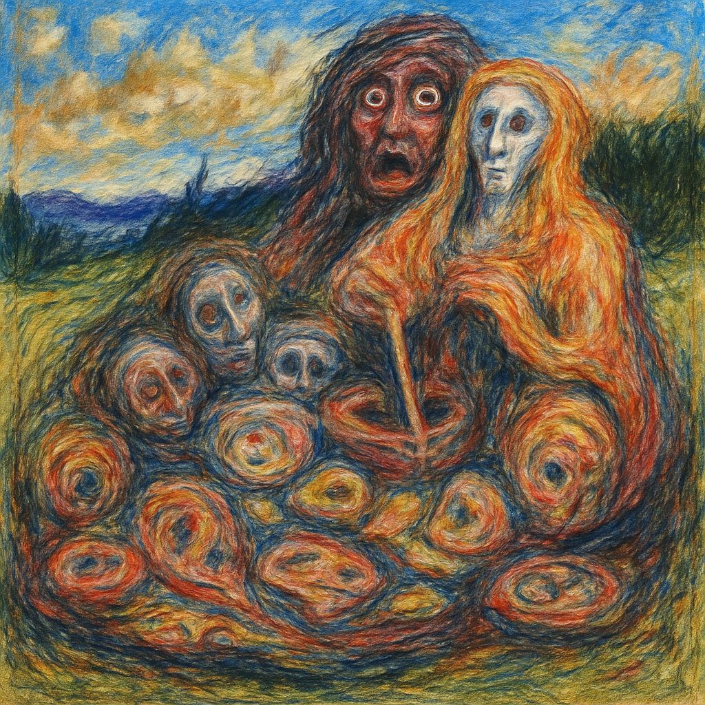 Distorted Picnic of Nightmares: Abstract Oil Pastel Art