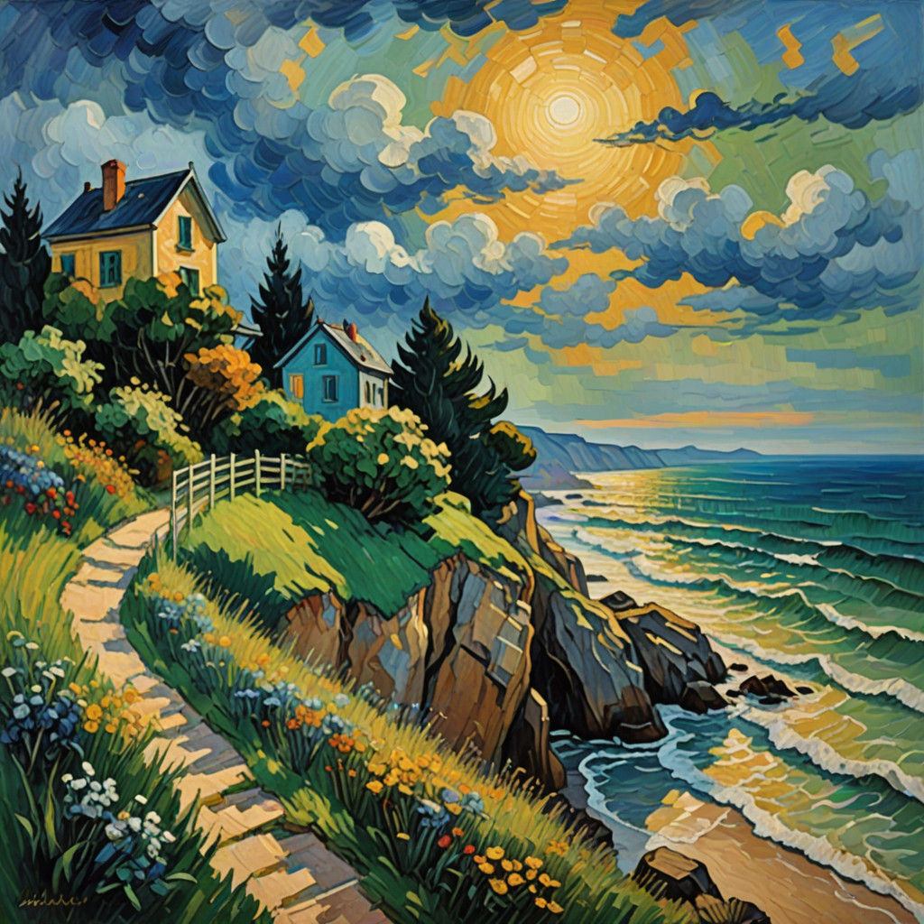 Vibrant Neo-Impressionist Cliffside Beach House