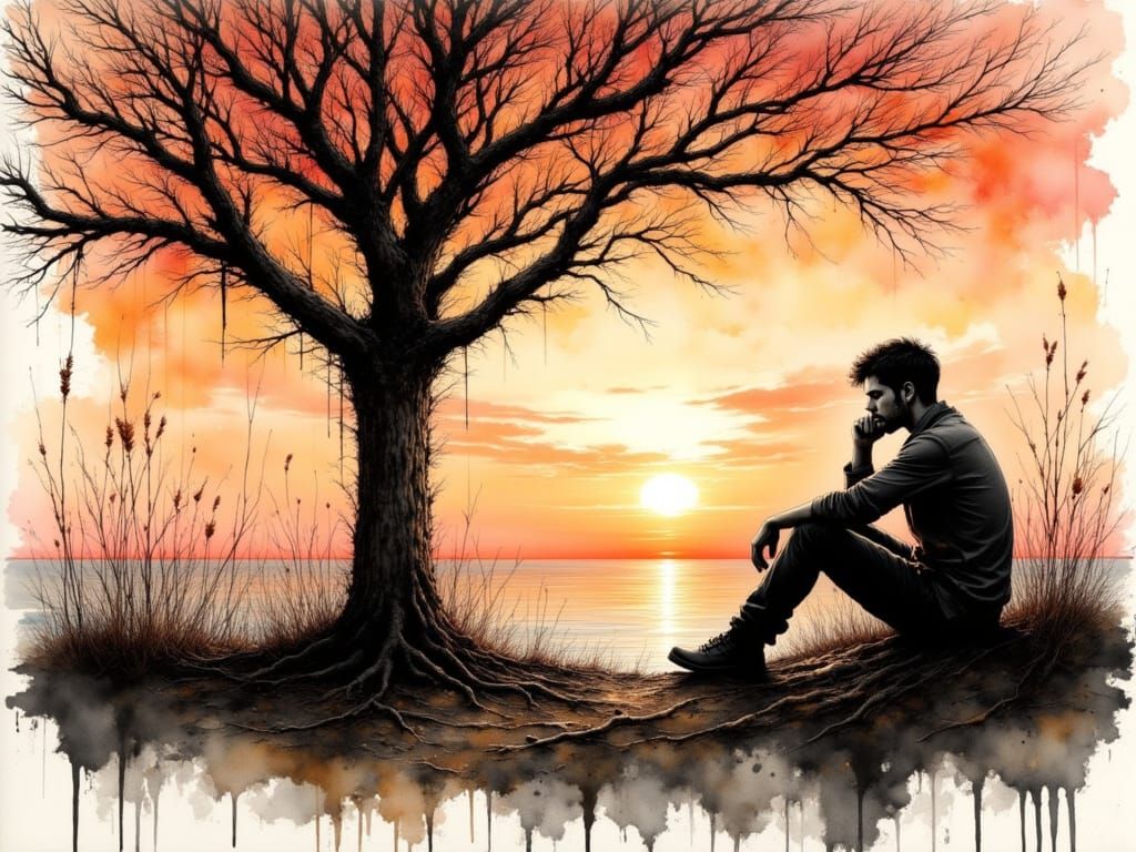 Solitary Figure Lost in Sunset Melancholy