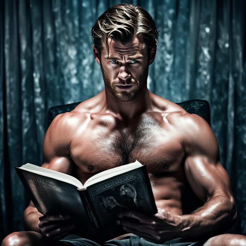 Shirtless Chris Hemsworth Reading