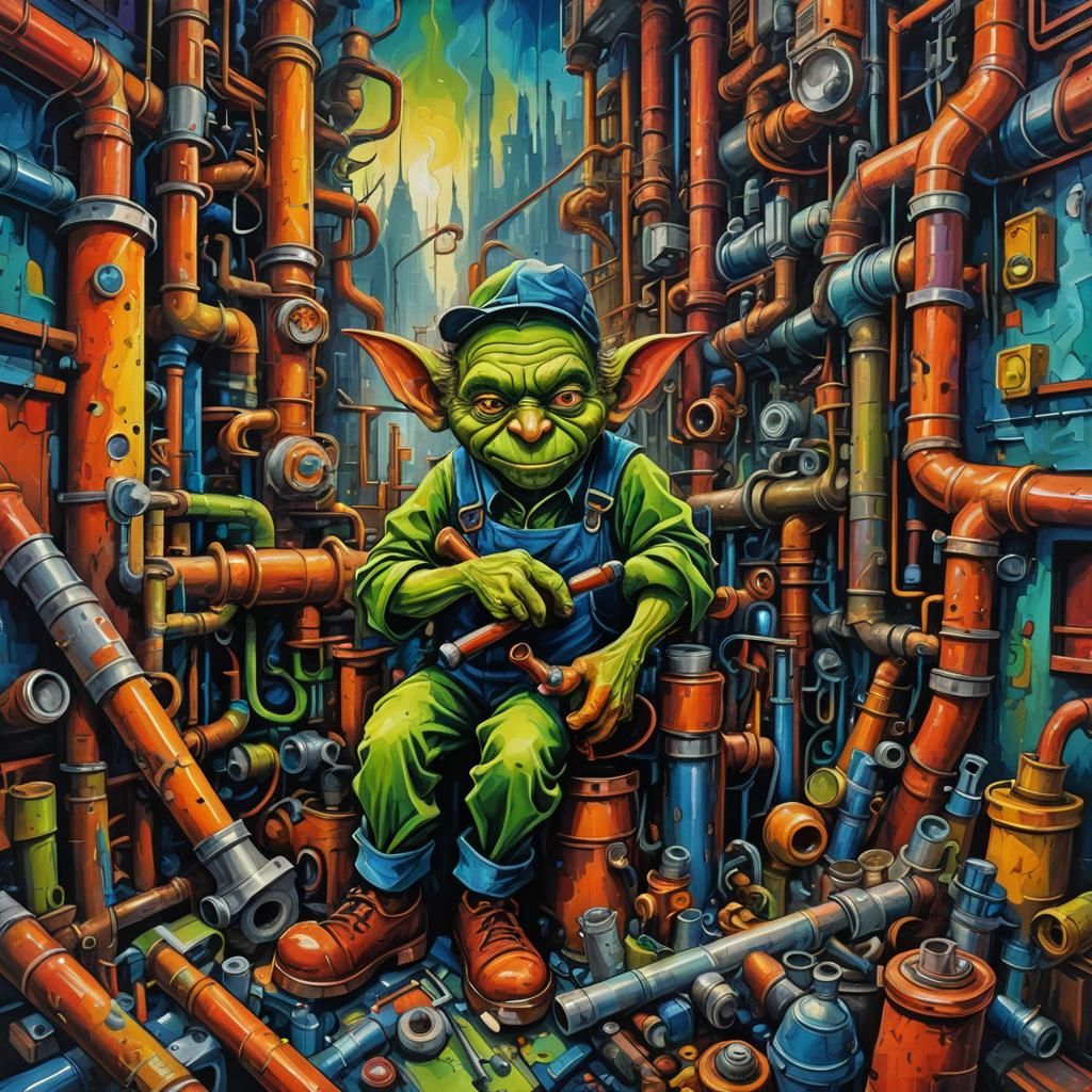 Goblin Plumber in Abstract Expressionist Cityscape