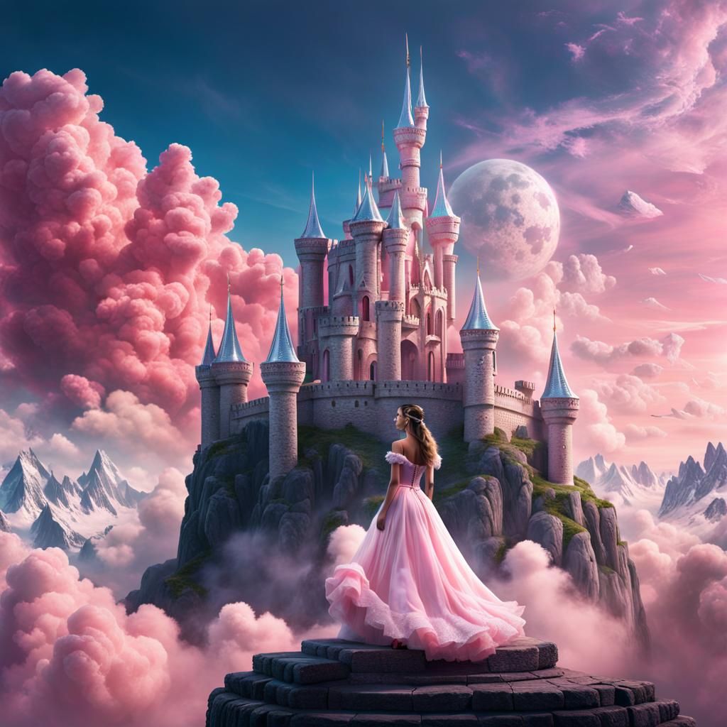 Girl in A Crystal Gown Going Up To A Big Castle Made From Clouds
