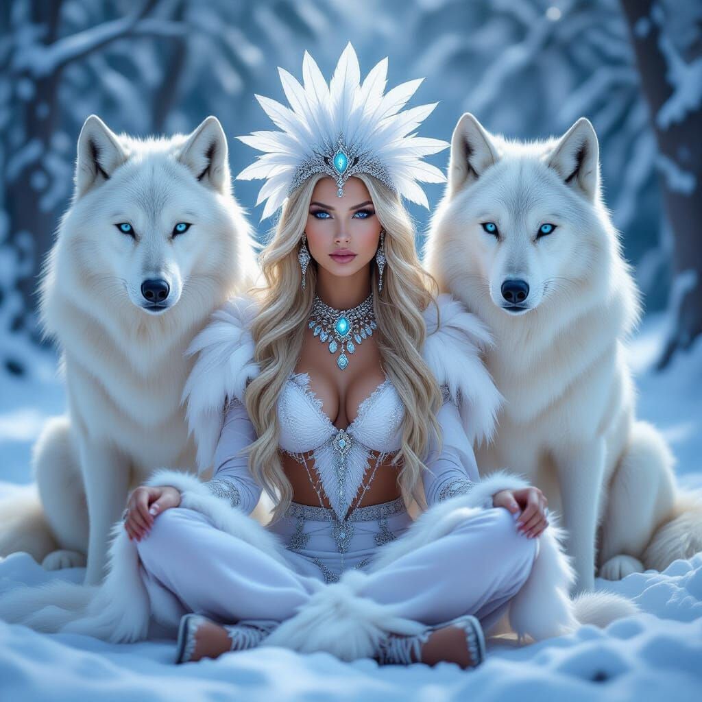 Woman and Wolves in Snowy Forest Digital Painting