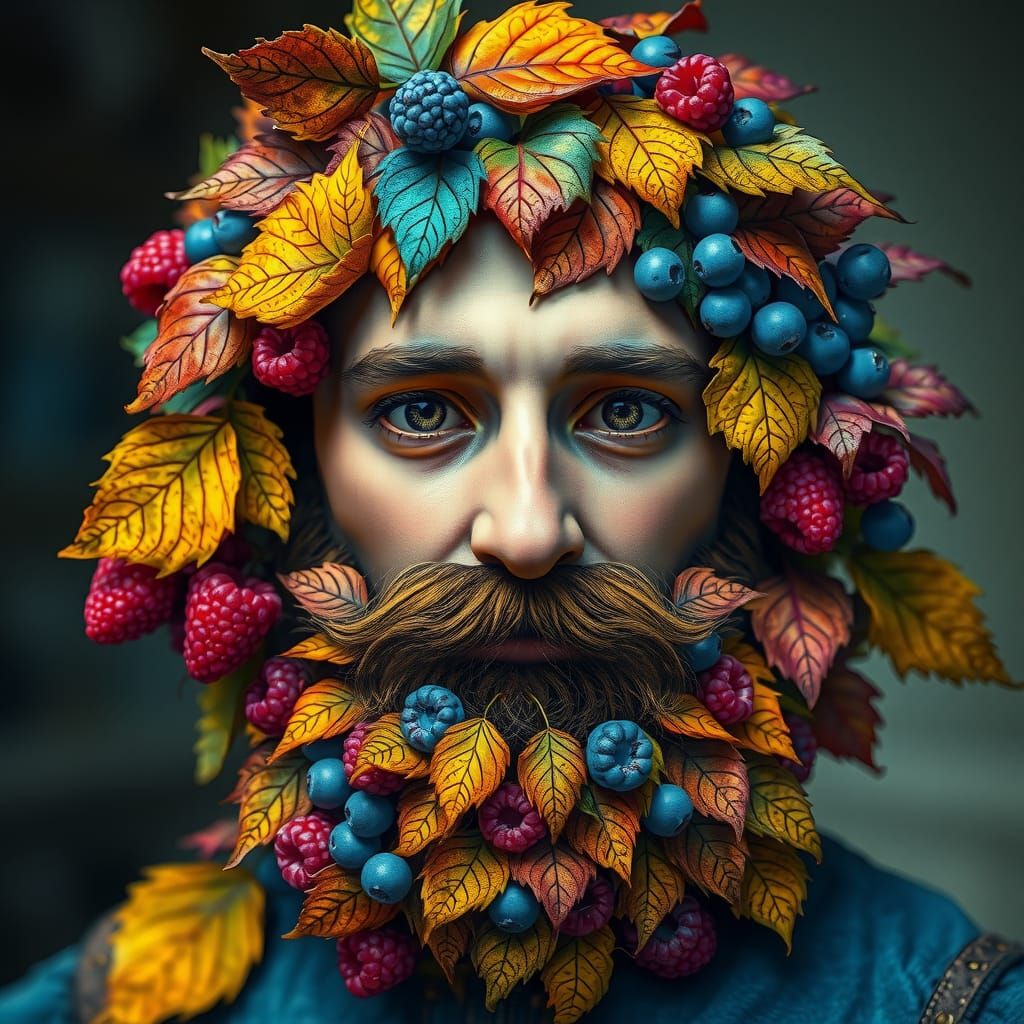 a whimsical image of a character with a beard made entirely ...