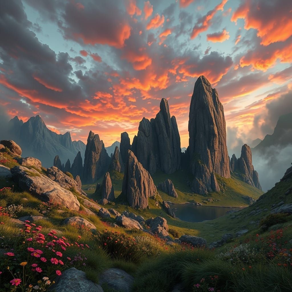 Surreal, Ancient Mountain Landscape with Vibrant Wildflowers...