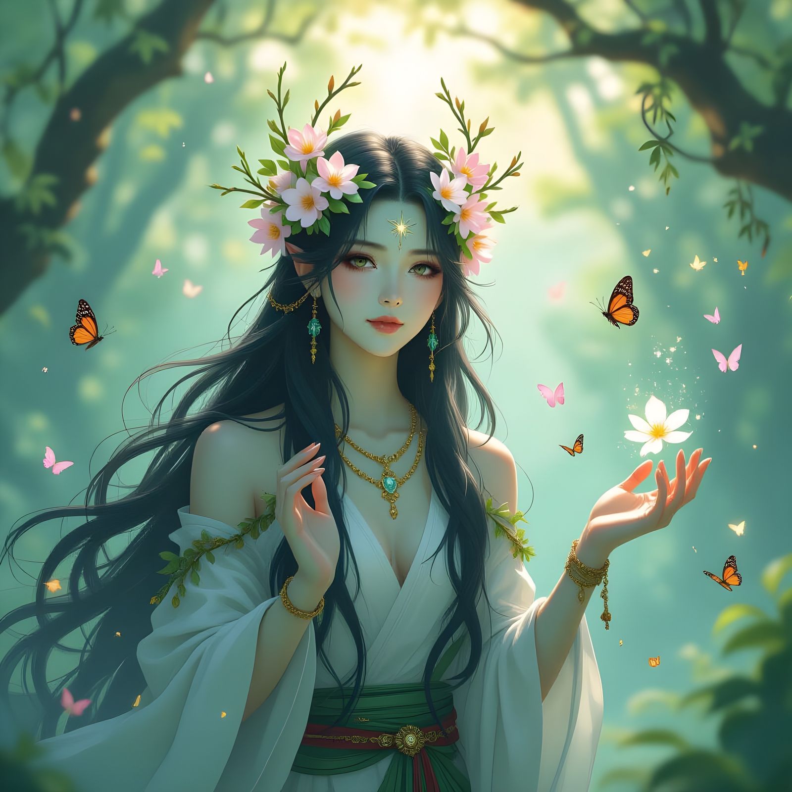 Luminous Forest Spirit in Digital Watercolor Illustration